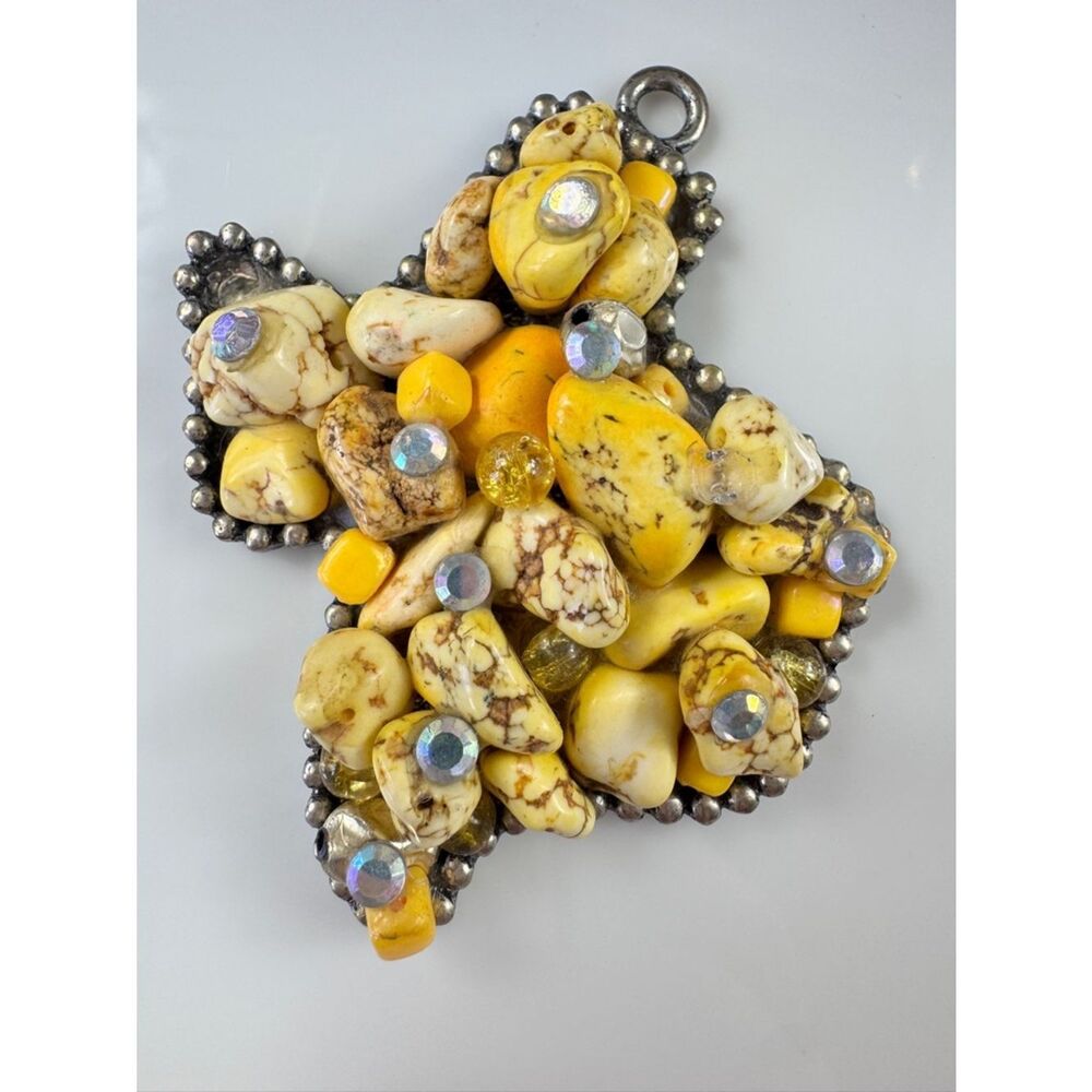 Vintage Yellow turquoise Stone pendant of Texas with Rhinestone Accents